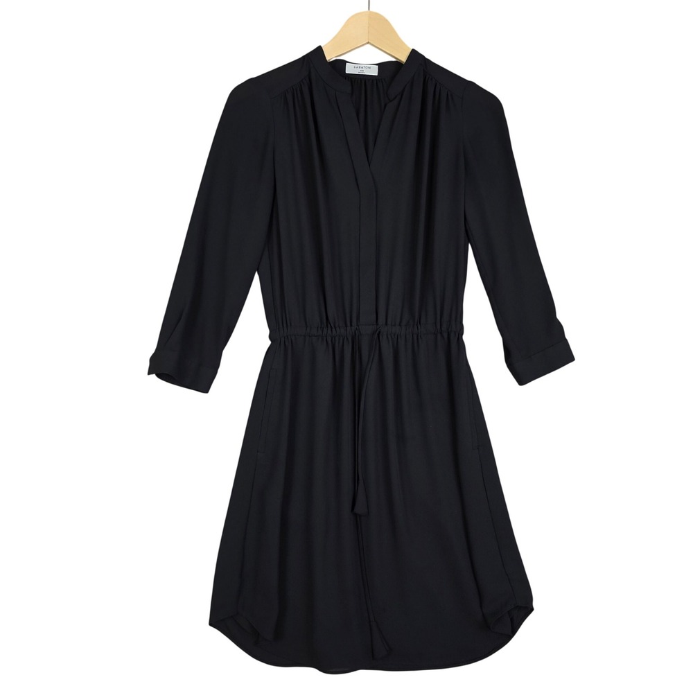 Babaton Women's Drawstring Waist Shirt Dress V-Neck Black Crepe Pockets XXS